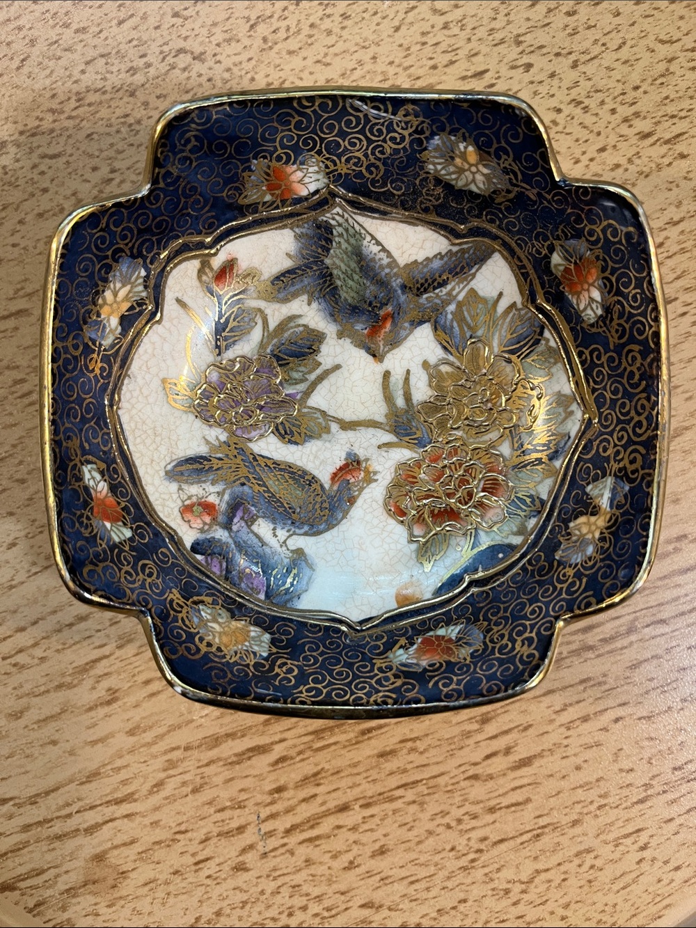 Hand-Painted Blue and Gold Ceramic Bird Dish